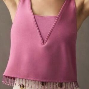 Anthropologie Anthro Mauve Fringe Crop Top Pink Beaded